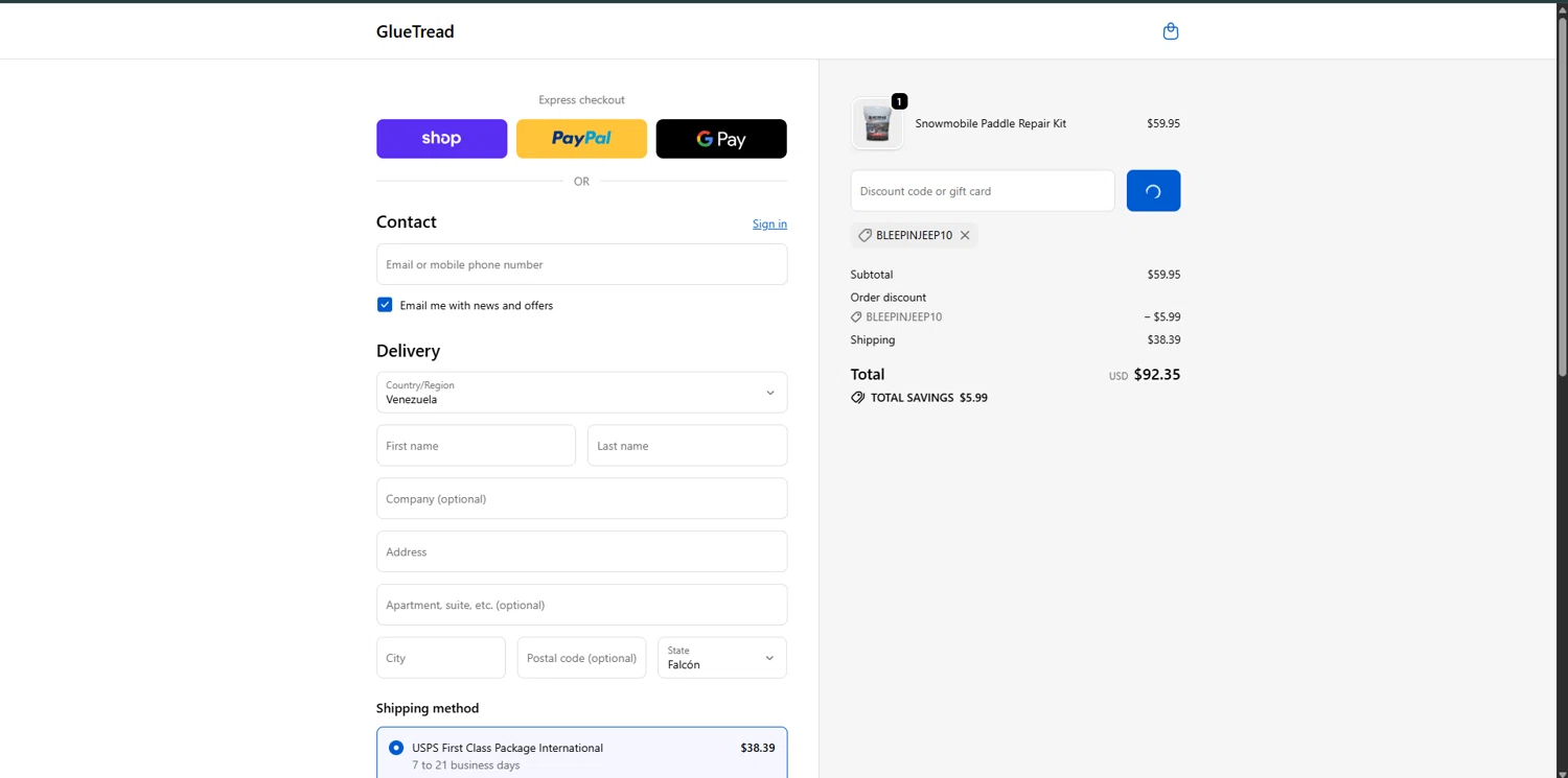 GlueTread promo code screenshot showing code BLEEPINJEEP10 applied at GlueTread checkout page. Uploaded by SimplyCodes community member VoucherRanger9105 on Feb 18, 2026