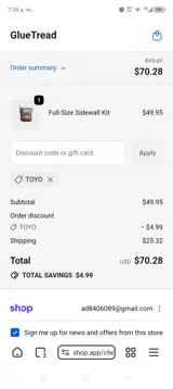 TOYO coupon verification screenshot
