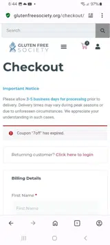 Gluten Free Society coupon verification screenshot