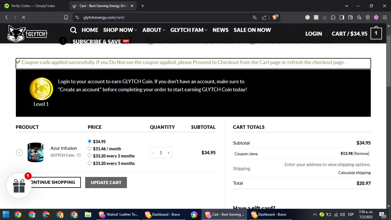 Glytch Energy promo code screenshot showing code DANA applied at Glytch Energy checkout page. Uploaded by SimplyCodes community member NobleFox488 on Mar 7, 2025