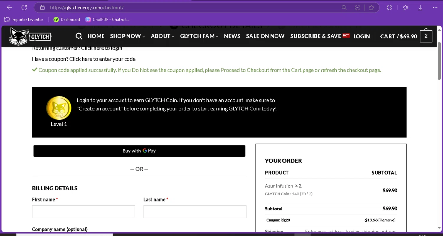 Glytch Energy promo code screenshot showing code KLG20 applied at Glytch Energy checkout page. Uploaded by SimplyCodes community member FredoGodofredo on Mar 11, 2025