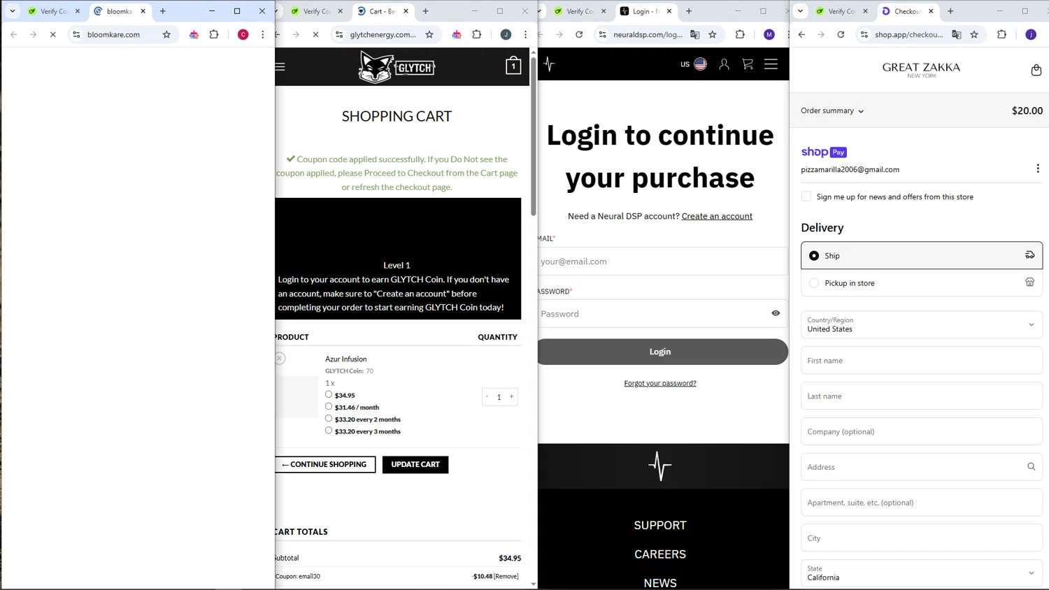 Glytch Energy promo code screenshot showing code EMAIL30 applied at Glytch Energy checkout page. Uploaded by SimplyCodes community member AVATIGRITO on Mar 20, 2025