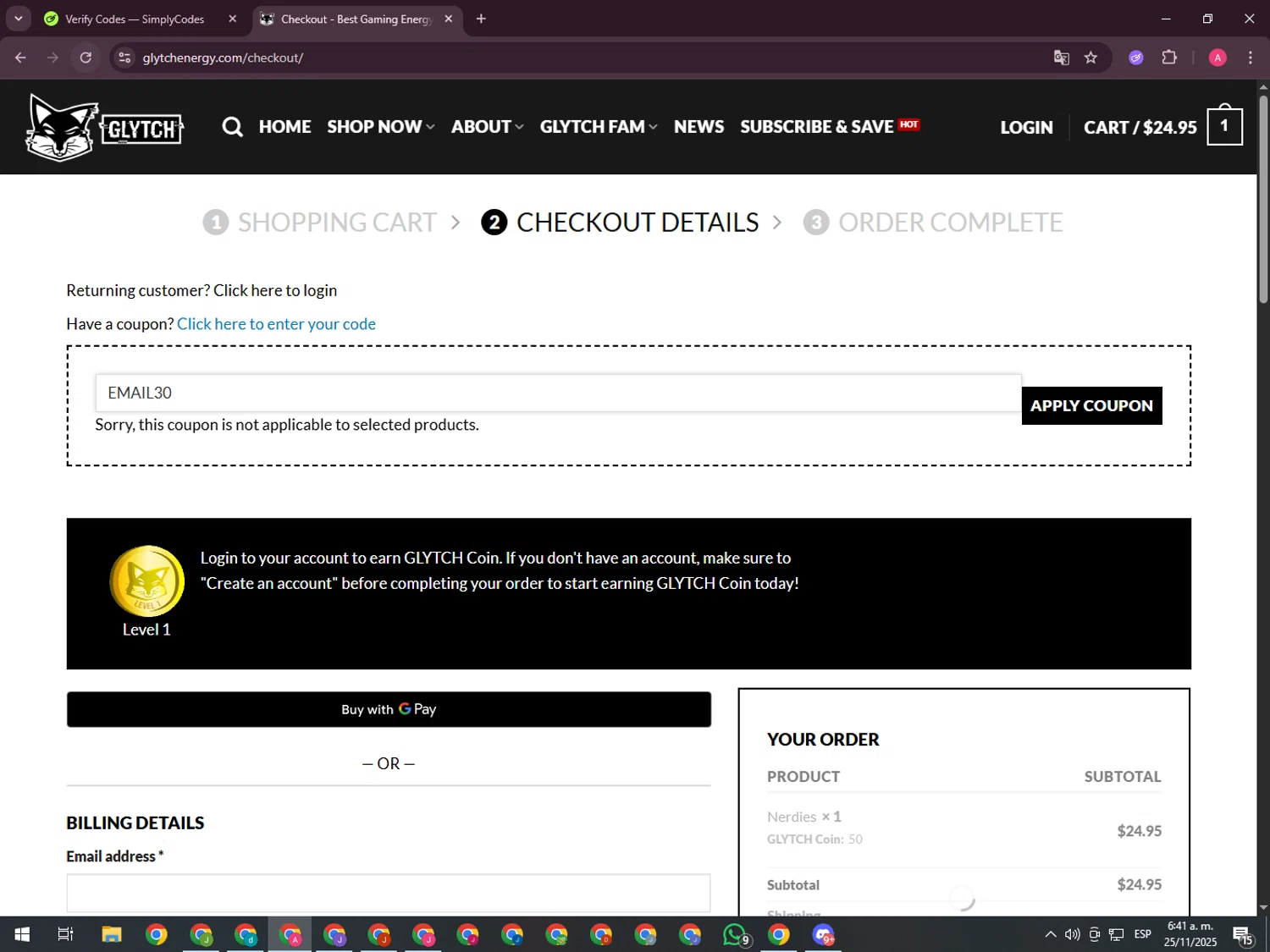 Glytch Energy promo code screenshot showing code EMAIL30 applied at Glytch Energy checkout page. Uploaded by SimplyCodes community member CrownHawk3462 on Nov 25, 2025