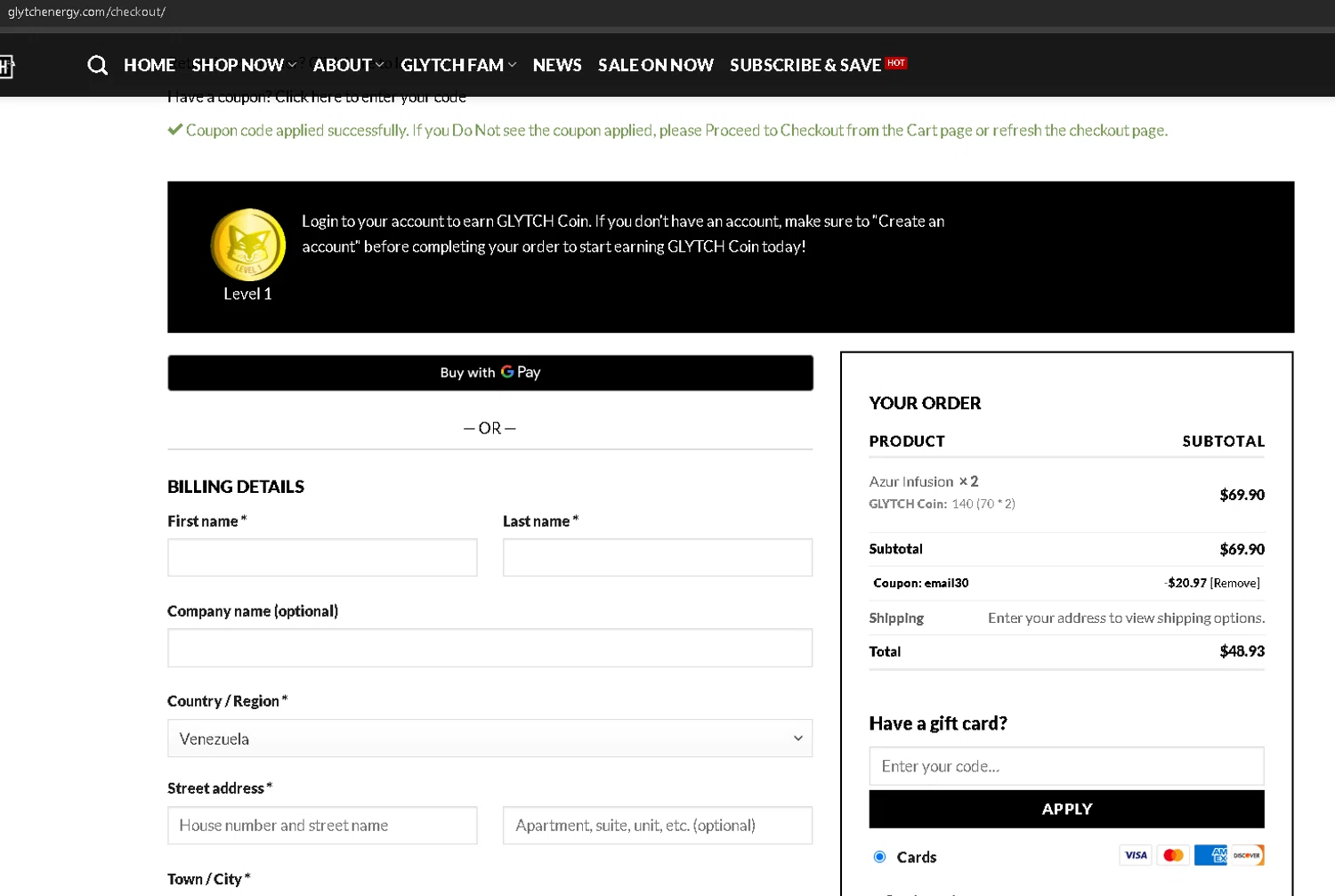 Glytch Energy promo code screenshot showing code EMAIL30 applied at Glytch Energy checkout page. Uploaded by SimplyCodes community member anleo1225 on May 9, 2025