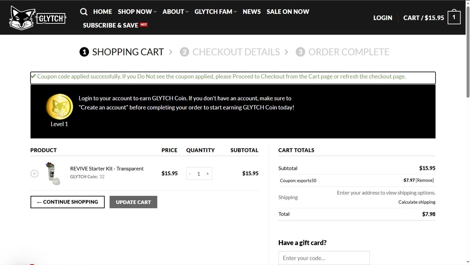 Glytch Energy promo code screenshot showing code ESPORTS50 applied at Glytch Energy checkout page. Uploaded by SimplyCodes community member TokioMiller on Mar 23, 2025