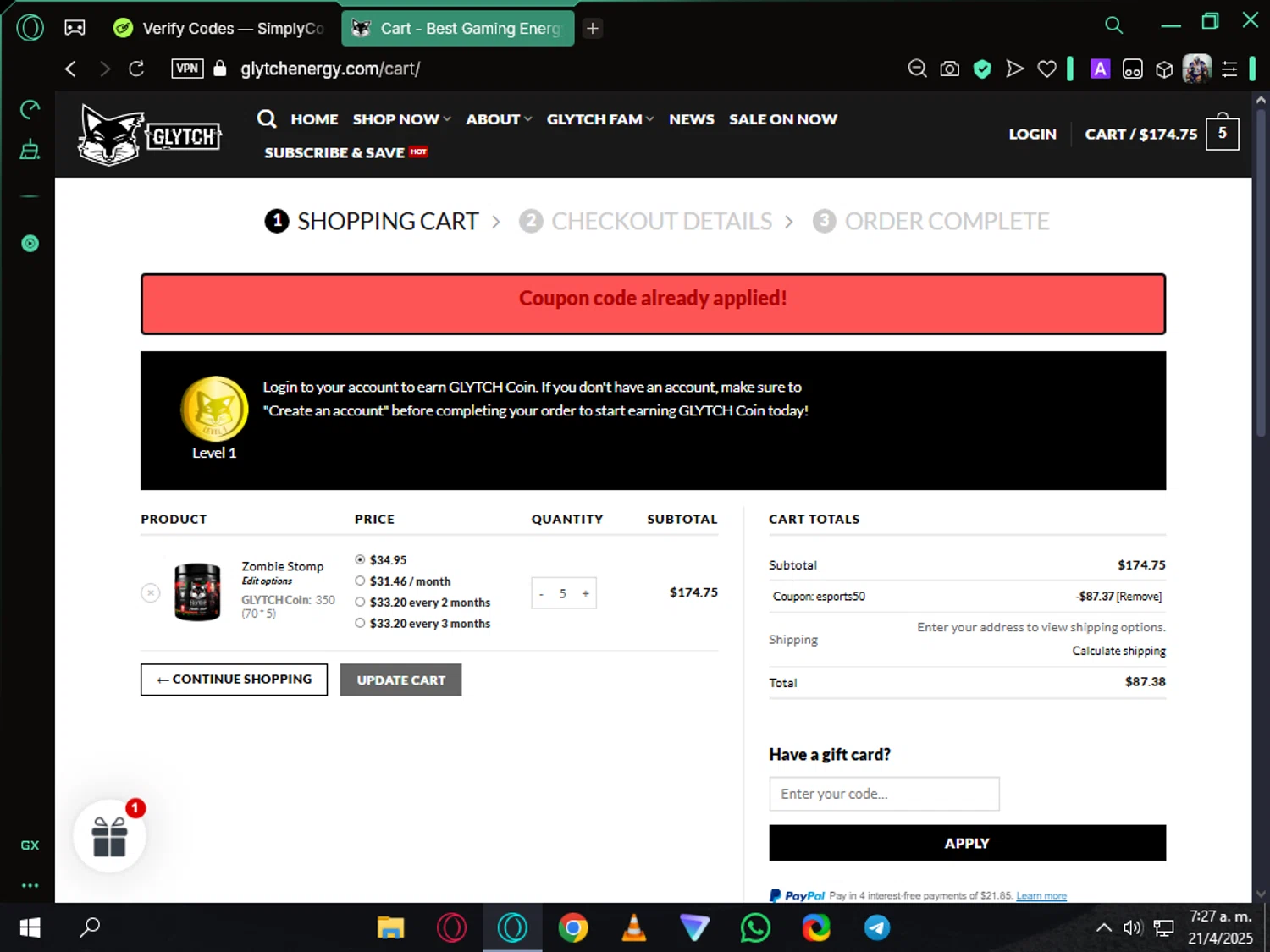 Glytch Energy promo code screenshot showing code ESPORTS50 applied at Glytch Energy checkout page. Uploaded by SimplyCodes community member Siempre on Apr 21, 2025