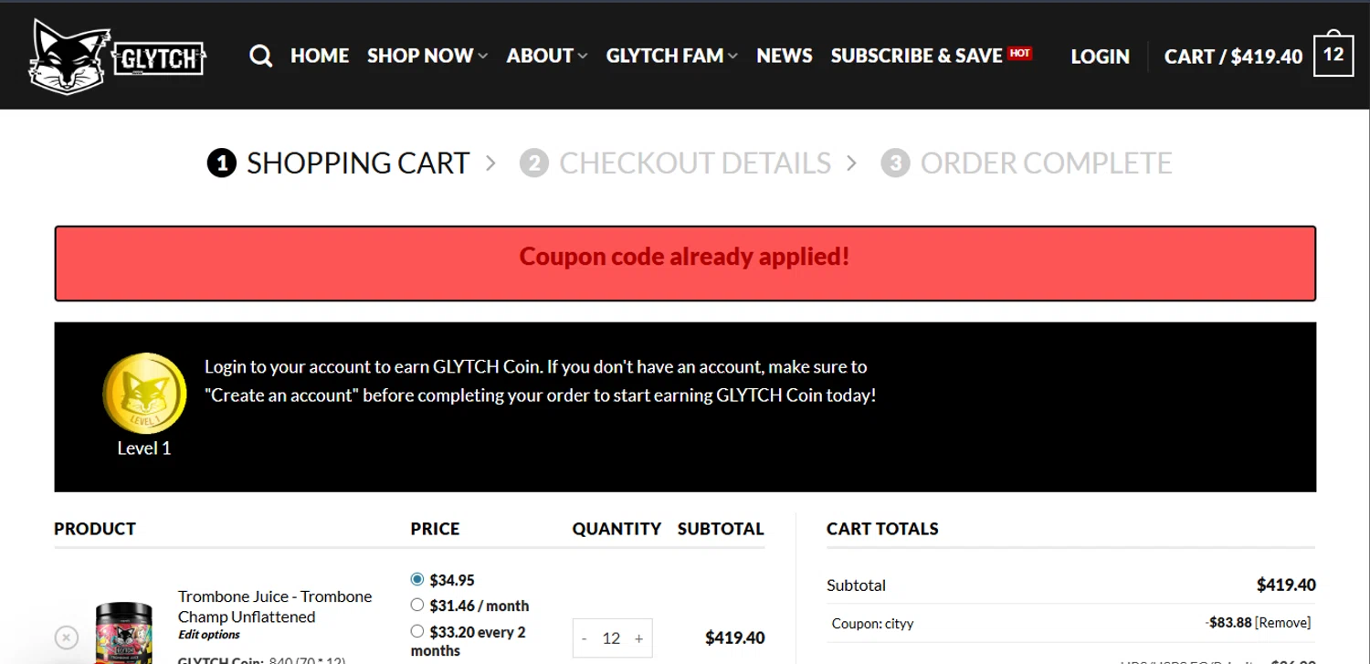Glytch Energy promo code screenshot showing code CITYY applied at Glytch Energy checkout page. Uploaded by SimplyCodes community member RebateSleuth7772 on Oct 1, 2025