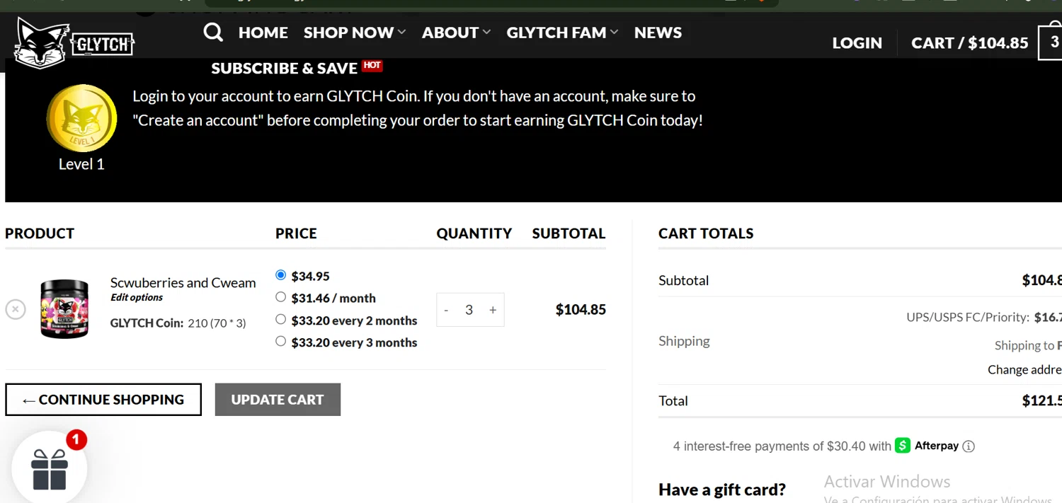 Glytch Energy promo code screenshot showing code CITYY applied at Glytch Energy checkout page. Uploaded by SimplyCodes community member SwiftLynx6587 on Sep 2, 2025