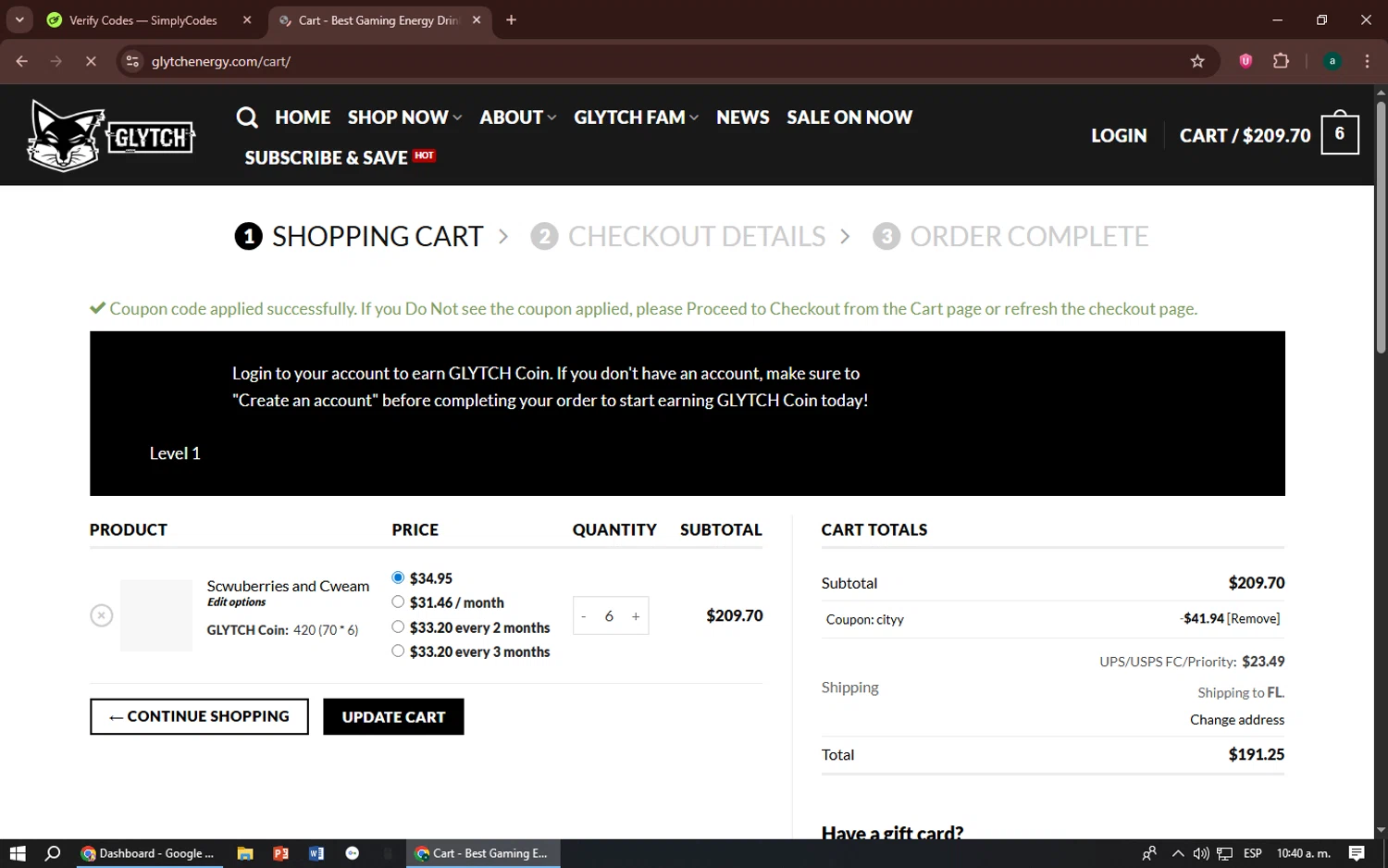 Glytch Energy promo code screenshot showing code CITYY applied at Glytch Energy checkout page. Uploaded by SimplyCodes community member zizu55 on Aug 4, 2025