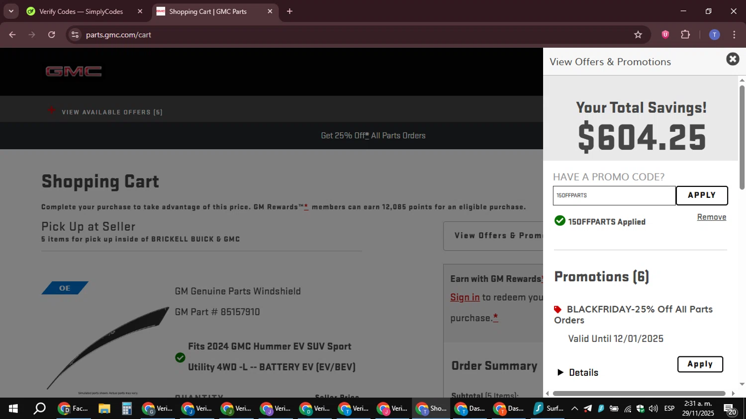 GMC promo code screenshot showing code 15OFFPARTS applied at GMC checkout page. Uploaded by SimplyCodes community member snidertom8 on Nov 29, 2025