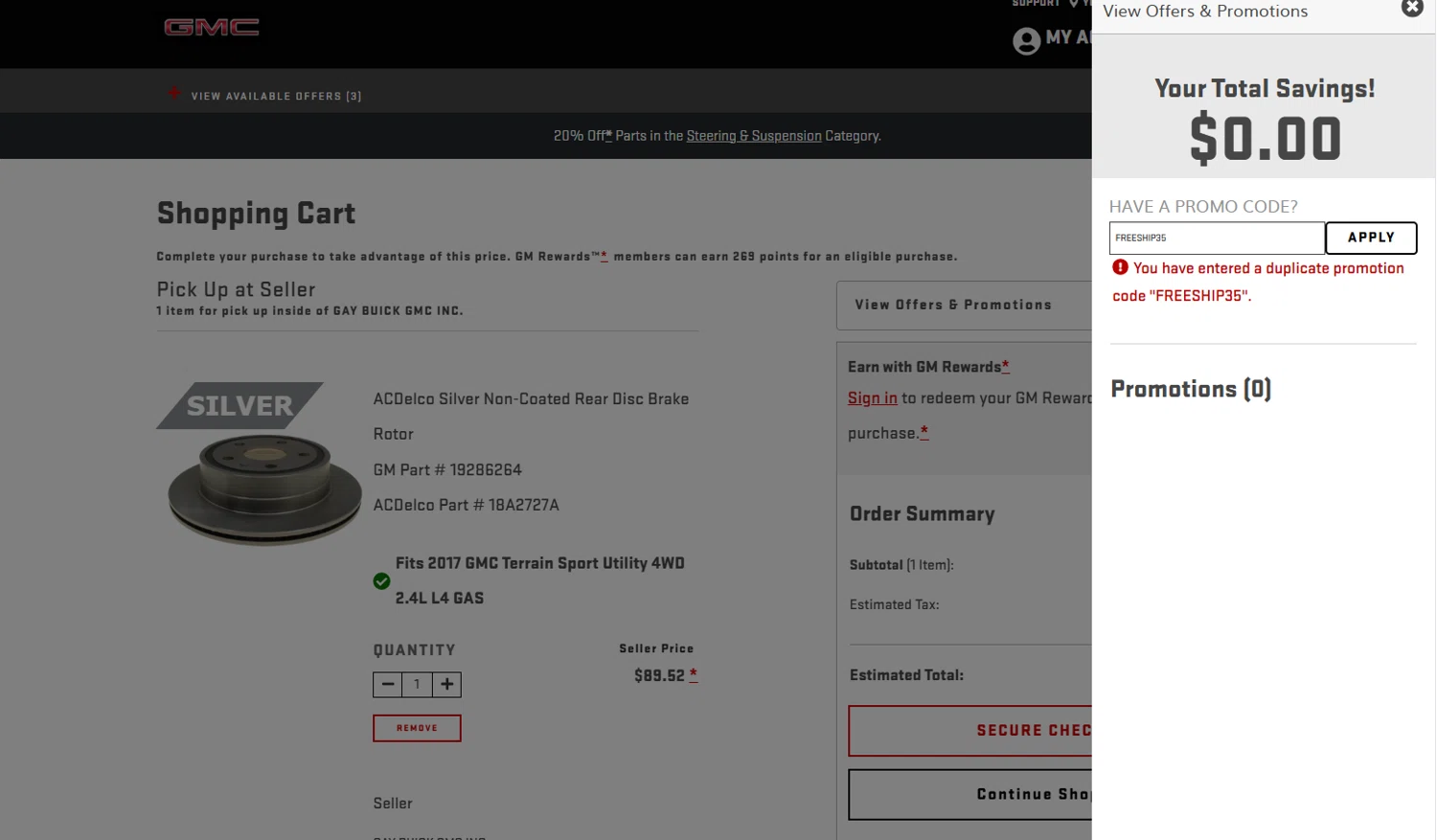 GMC promo code screenshot showing code FREESHIP35 applied at GMC checkout page. Uploaded by SimplyCodes community member Frionel_Pessi on Oct 3, 2025