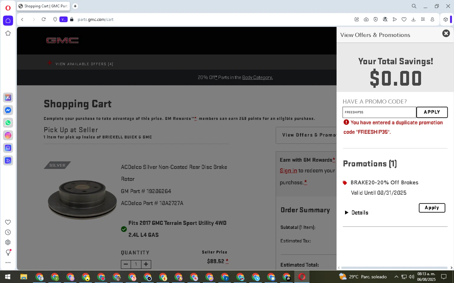GMC promo code screenshot showing code FREESHIP35 applied at GMC checkout page. Uploaded by SimplyCodes community member MoneyFalcon9087 on Aug 6, 2025