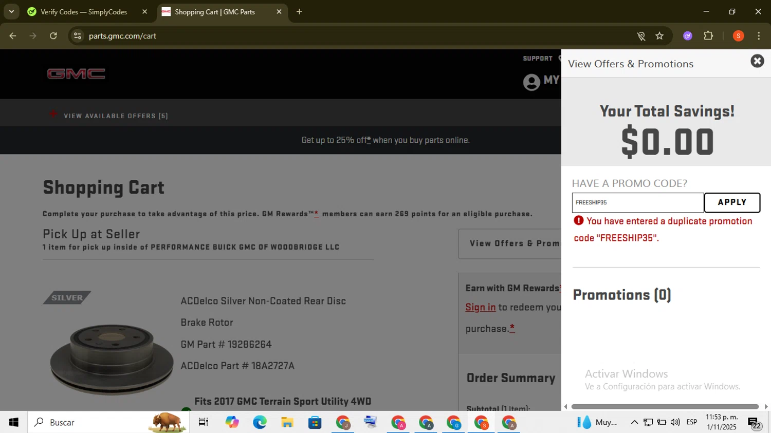GMC promo code screenshot showing code FREESHIP35 applied at GMC checkout page. Uploaded by SimplyCodes community member ScanKnight8857 on Nov 2, 2025
