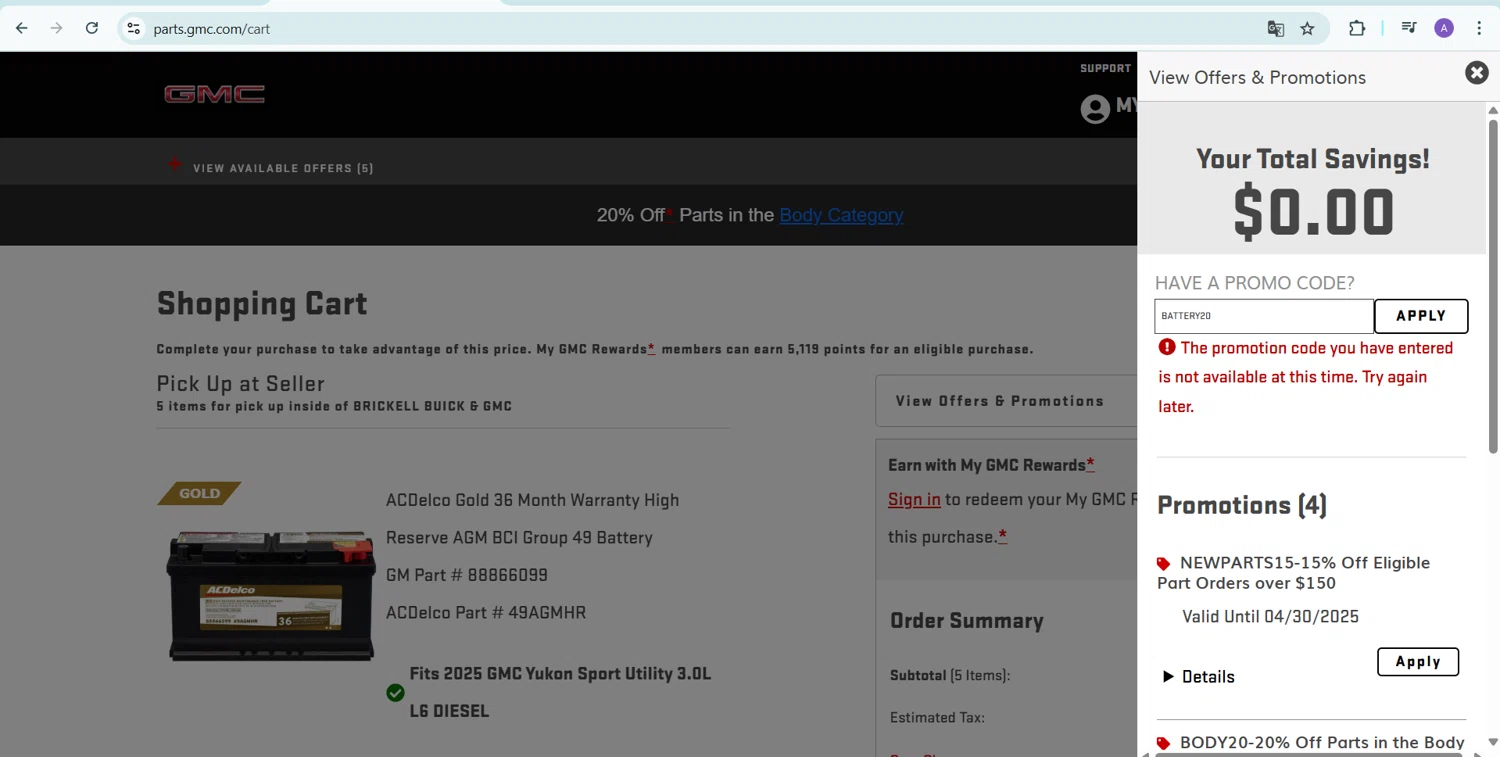 GMC promo code screenshot showing code BATTERY20 applied at GMC checkout page. Uploaded by SimplyCodes community member AGDR28 on Mar 19, 2025