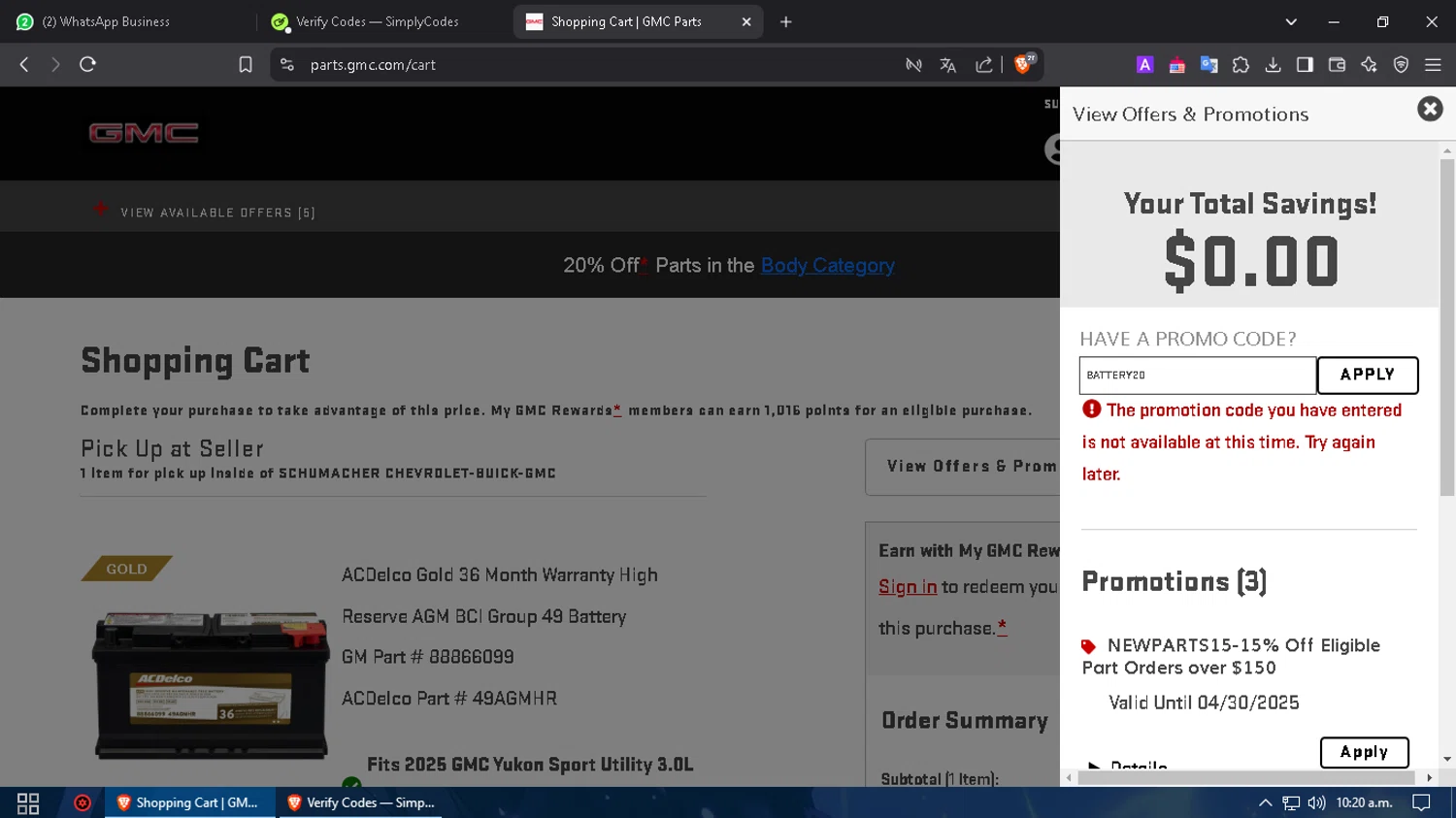 GMC promo code screenshot showing code BATTERY20 applied at GMC checkout page. Uploaded by SimplyCodes community member ThriftyTitan4052 on Mar 19, 2025