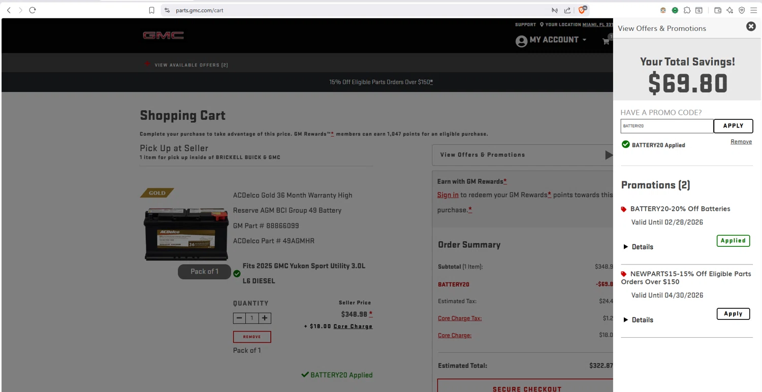 GMC checkout page showing GMC promo code box | Screenshot taken by SimplyCodes community member on Jan 3, 2026