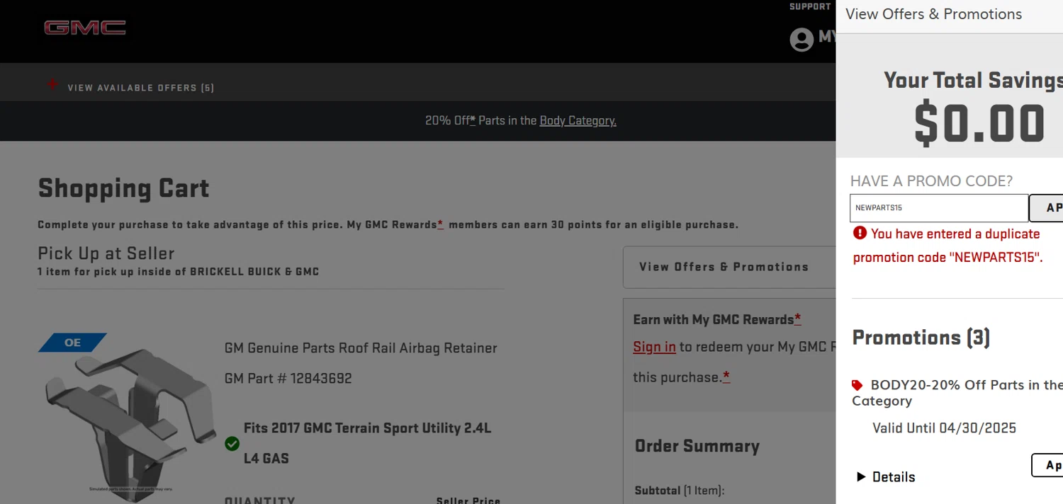 GMC promo code screenshot showing code NEWPARTS15 applied at GMC checkout page. Uploaded by SimplyCodes community member Coolemorestt on Apr 18, 2025