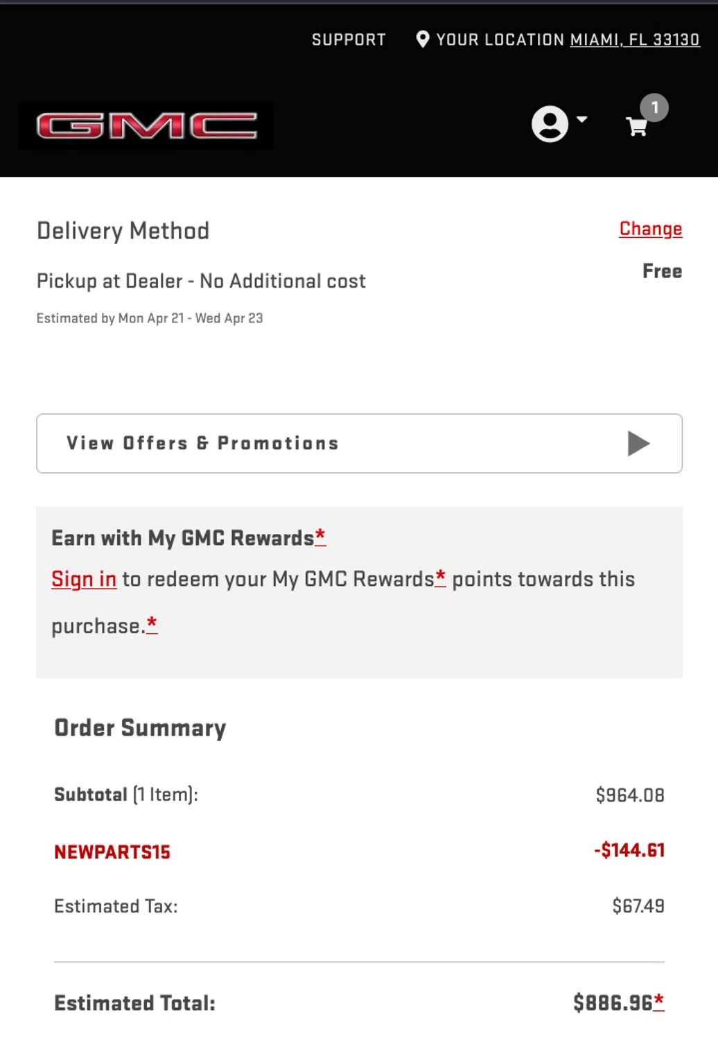 GMC promo code screenshot showing code NEWPARTS15 applied at GMC checkout page. Uploaded by SimplyCodes community member MarkGrayson on Apr 18, 2025