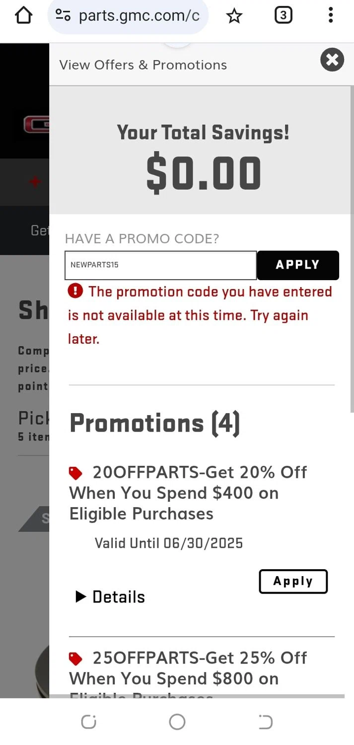 GMC promo code screenshot showing code NEWPARTS15 applied at GMC checkout page. Uploaded by SimplyCodes community member aguirremariagabriela on May 17, 2025