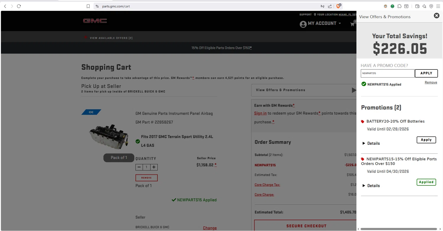 GMC checkout page showing GMC promo code box | Screenshot taken by SimplyCodes community member on Jan 3, 2026