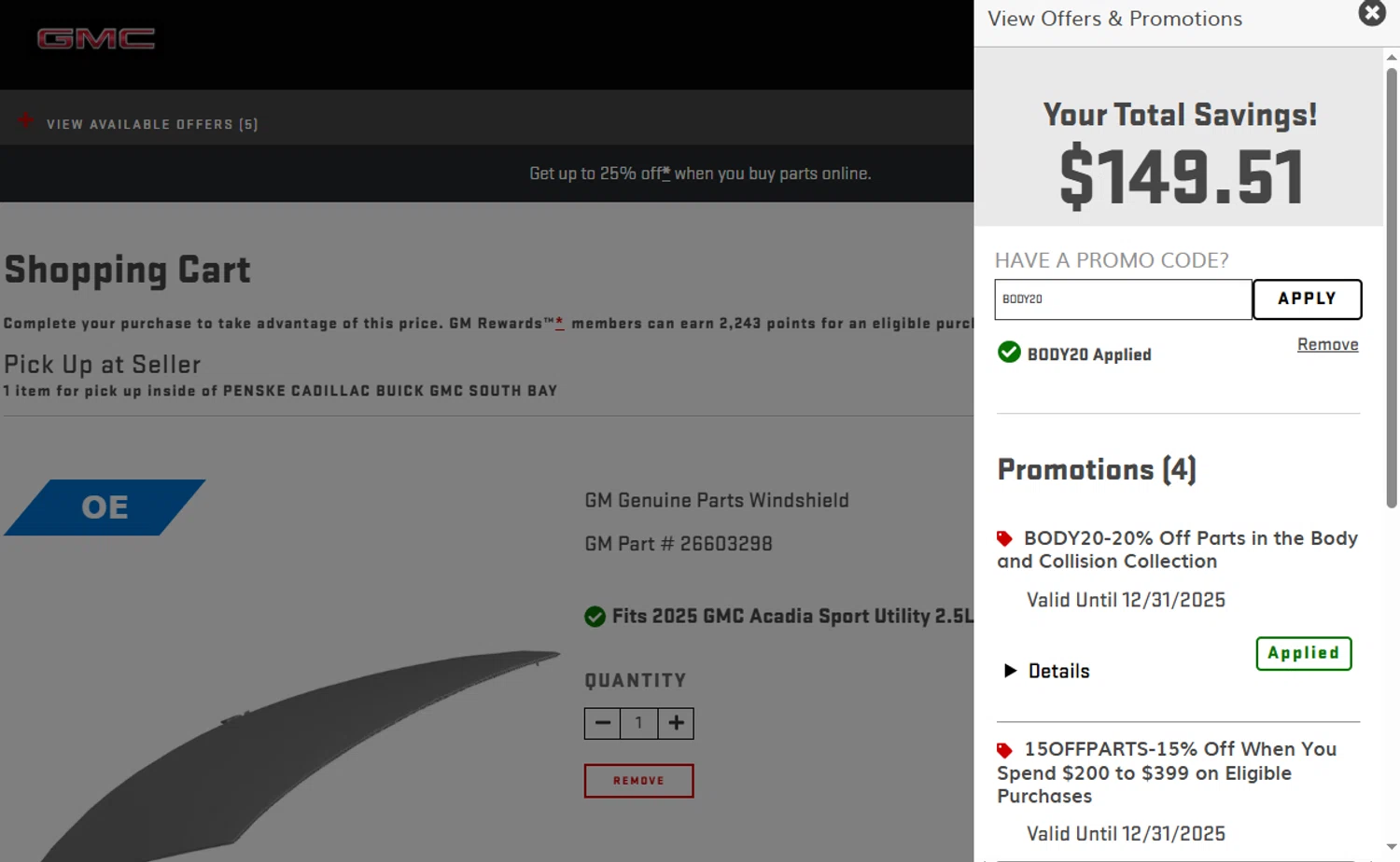 GMC promo code screenshot showing code BODY20 applied at GMC checkout page. Uploaded by SimplyCodes community member Joinet on Dec 10, 2025