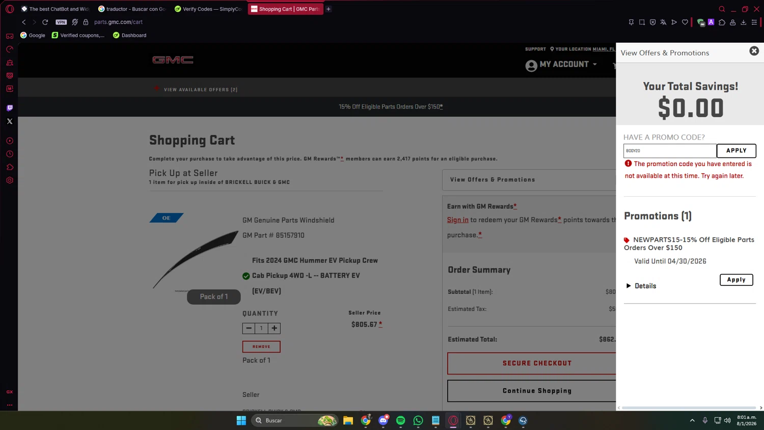 GMC promo code screenshot showing code BODY20 applied at GMC checkout page. Uploaded by SimplyCodes community member PrimeVirtuoso9679 on Jan 8, 2026