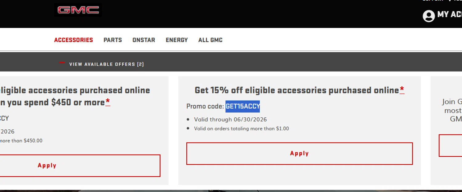 GMC Accessories promo code screenshot showing code GET15ACCY applied at GMC Accessories checkout page. Uploaded by SimplyCodes community member Dejadepicharme on May 6, 2026