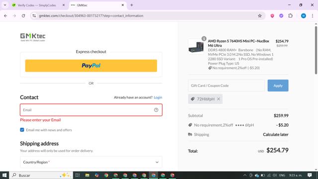 GMKtec checkout page showing GMKtec coupon code box | Screenshot taken by SimplyCodes community member on Sep 4, 2025