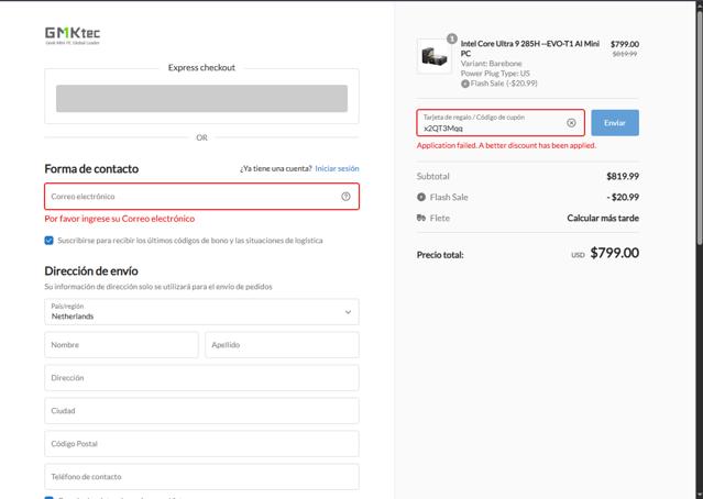 GMKtec checkout page showing GMKtec coupon code box | Screenshot taken by SimplyCodes community member on Sep 12, 2025