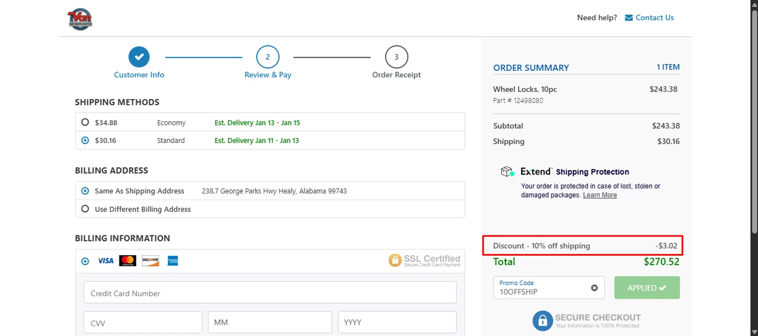 GM Parts Center promo code screenshot showing code 10OFFSHIP applied at GM Parts Center checkout page. Uploaded by SimplyCodes community member noworries on Dec 21, 2025
