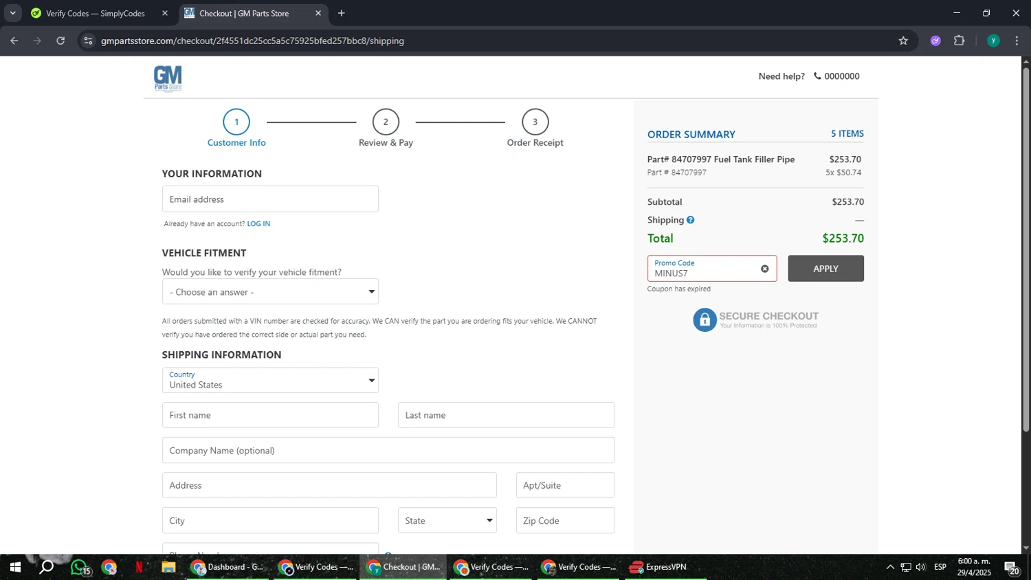 GM Parts Store promo code screenshot showing code MINUS7 applied at GM Parts Store checkout page. Uploaded by SimplyCodes community member FrugalCaptain6906 on Apr 29, 2025