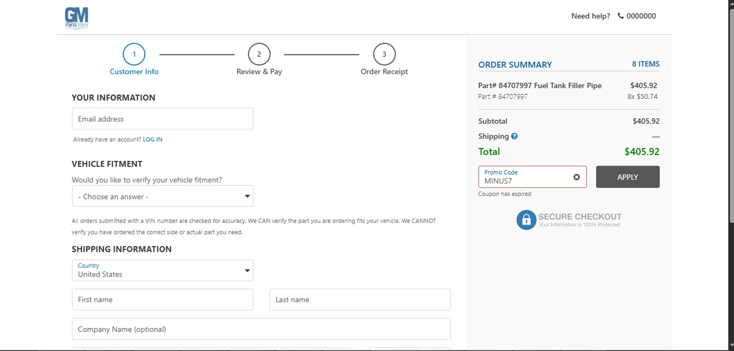 GM Parts Store promo code screenshot showing code MINUS7 applied at GM Parts Store checkout page. Uploaded by SimplyCodes community member SmartWhiz589 on Apr 29, 2025