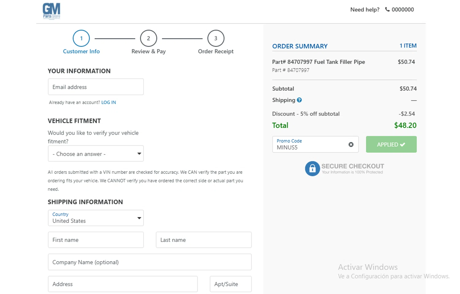 GM Parts Store promo code screenshot showing code MINUS5 applied at GM Parts Store checkout page. Uploaded by SimplyCodes community member Gary_23 on Mar 19, 2025