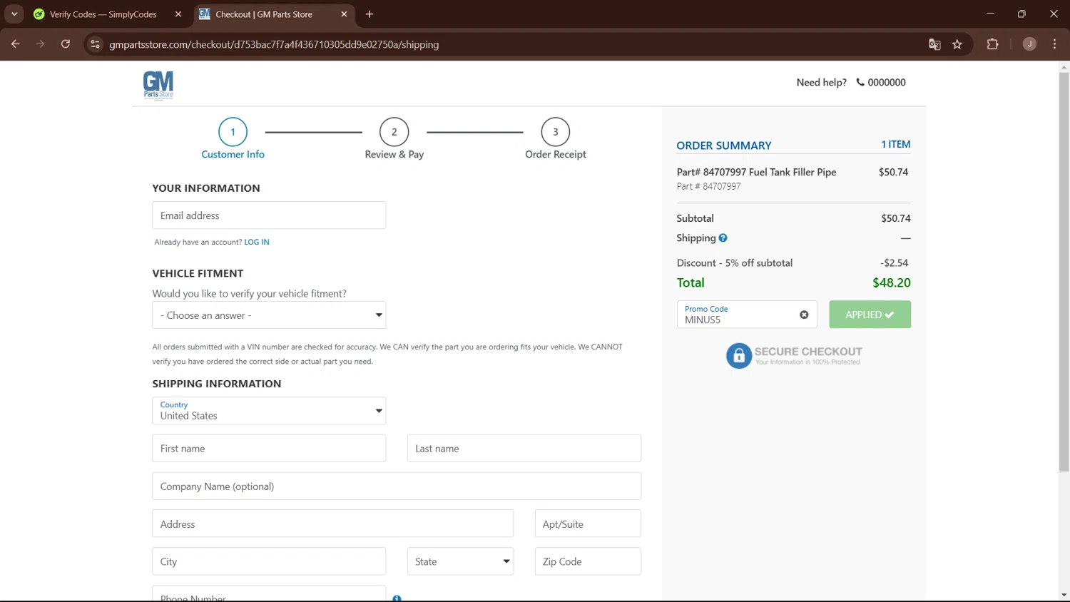 GM Parts Store promo code screenshot showing code MINUS5 applied at GM Parts Store checkout page. Uploaded by SimplyCodes community member WisePro3955 on Mar 21, 2025