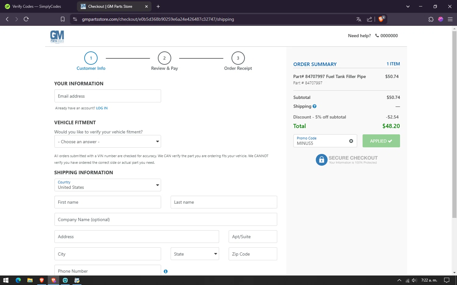 GM Parts Store promo code screenshot showing code MINUS5 applied at GM Parts Store checkout page. Uploaded by SimplyCodes community member lareinadecupones on Mar 19, 2025