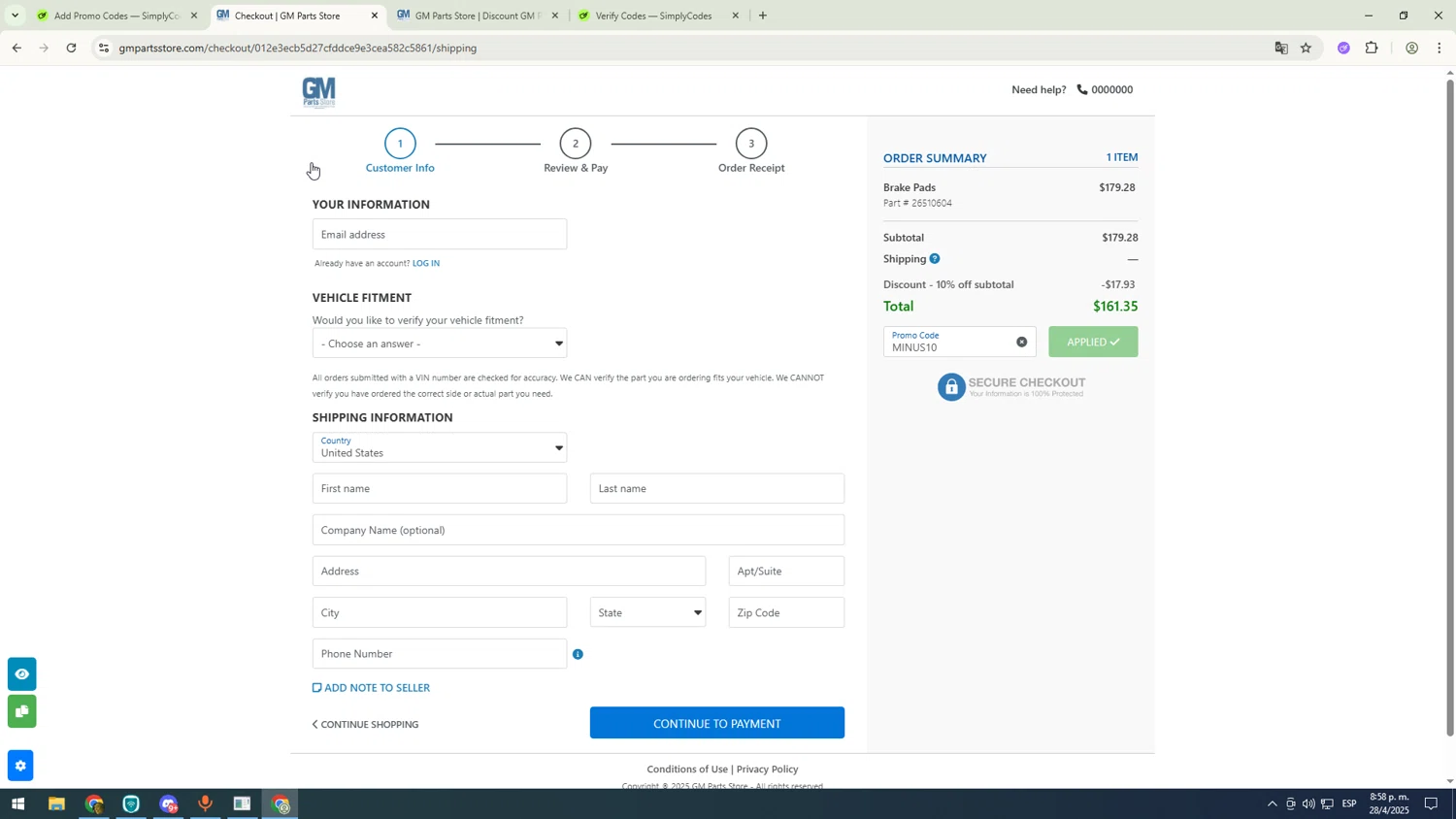 GM Parts Store promo code screenshot showing code MINUS10 applied at GM Parts Store checkout page. Uploaded by SimplyCodes community member sfdfgdsfgdfgdfg on Apr 29, 2025