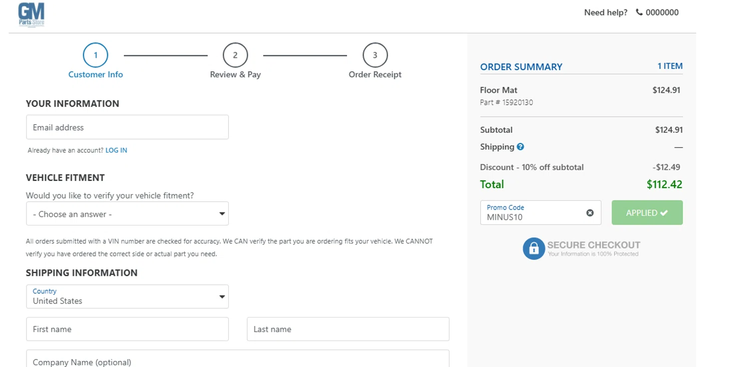GM Parts Store promo code screenshot showing code MINUS10 applied at GM Parts Store checkout page. Uploaded by SimplyCodes community member joandgray9 on Mar 23, 2025