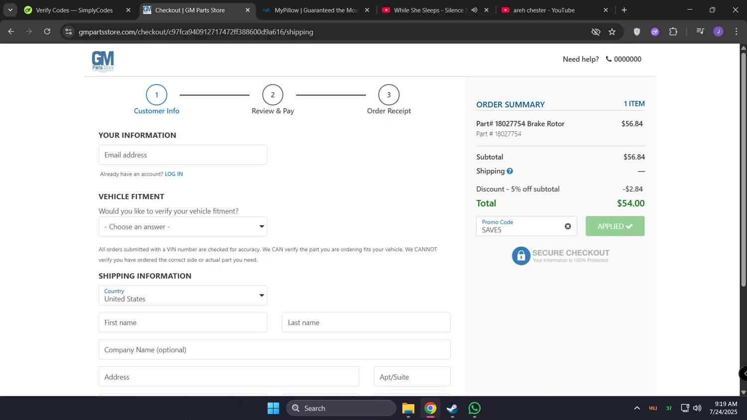 GM Parts Store promo code screenshot showing code SAVE5 applied at GM Parts Store checkout page. Uploaded by SimplyCodes community member lunita on Jul 24, 2025
