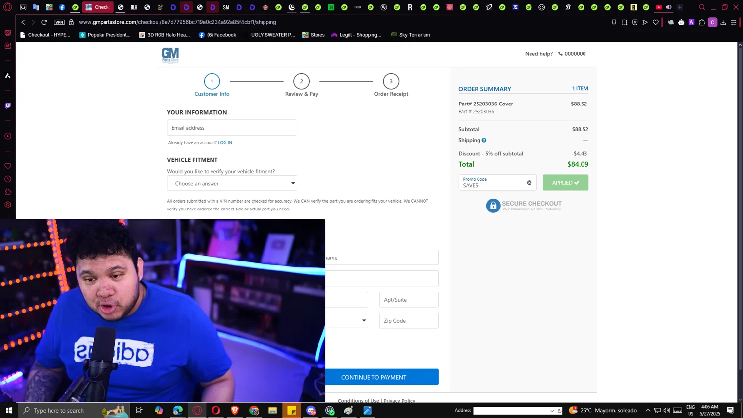 GM Parts Store promo code screenshot showing code SAVE5 applied at GM Parts Store checkout page. Uploaded by SimplyCodes community member ricardoramirez1 on May 27, 2025