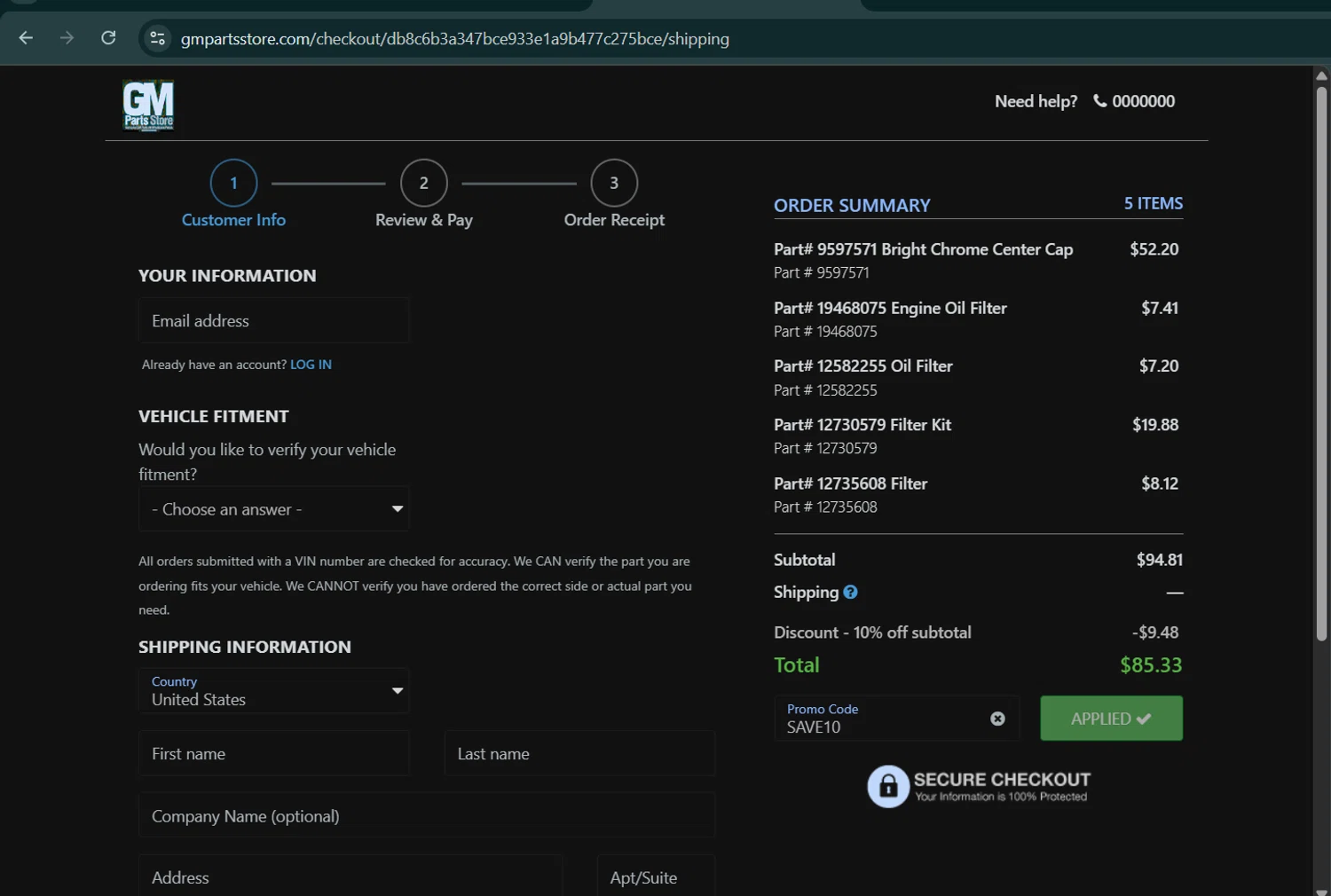 GM Parts Store promo code screenshot showing code SAVE10 applied at GM Parts Store checkout page. Uploaded by SimplyCodes community member AGDR28 on Aug 1, 2025