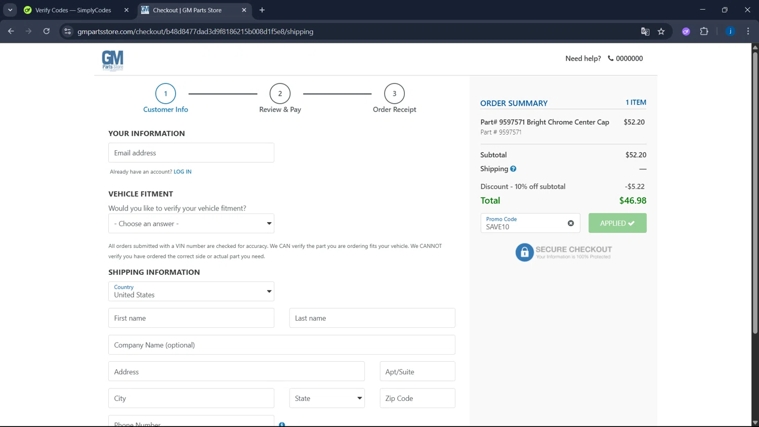GM Parts Store promo code screenshot showing code SAVE10 applied at GM Parts Store checkout page. Uploaded by SimplyCodes community member CodeSaver4373 on Jul 23, 2025