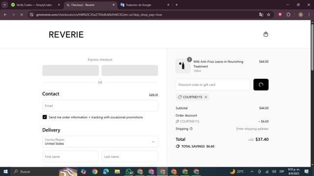 REVERIE Haircare checkout page showing REVERIE Haircare promo code box | Screenshot taken by SimplyCodes community member on Sep 9, 2025