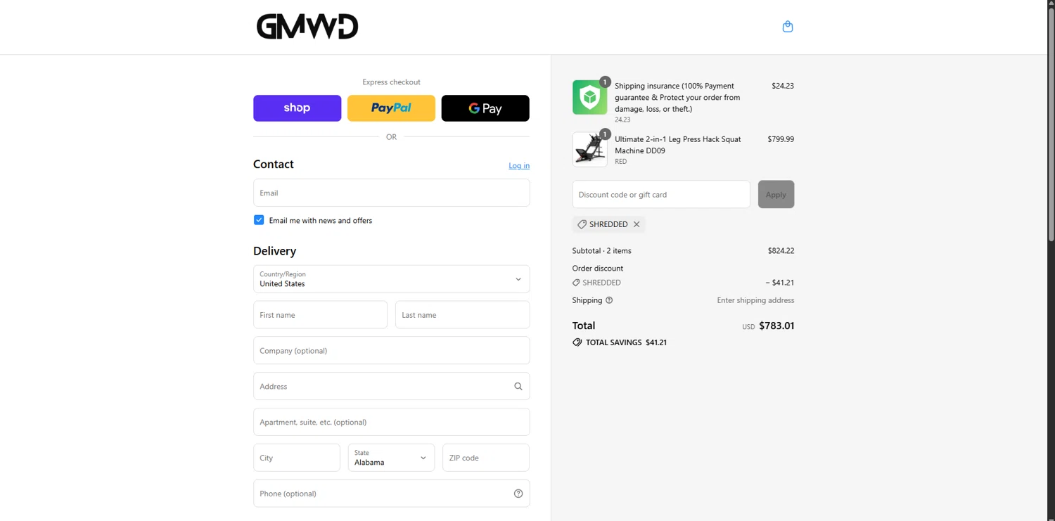 GMWD Fitness discount code screenshot showing code Shredded applied at GMWD Fitness checkout page. Uploaded by SimplyCodes community member MagnificentBoss8201 on Sep 3, 2025