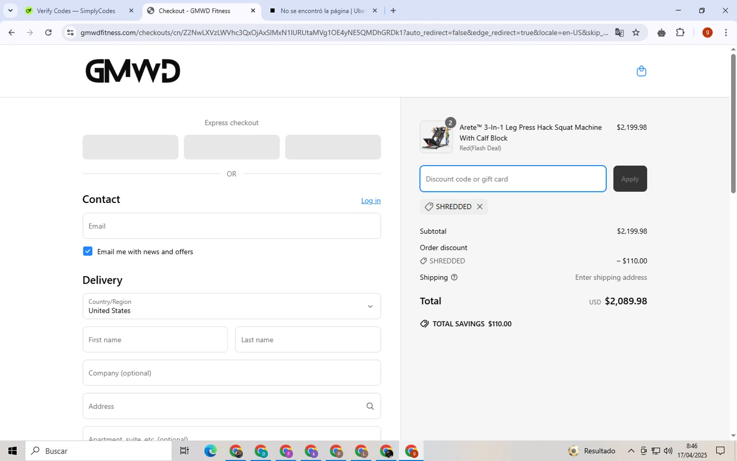GMWD Fitness discount code screenshot showing code Shredded applied at GMWD Fitness checkout page. Uploaded by SimplyCodes community member ExtraordinaryVirtuoso6801 on Apr 17, 2025