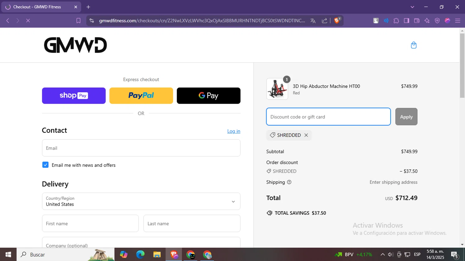 GMWD Fitness discount code screenshot showing code Shredded applied at GMWD Fitness checkout page. Uploaded by SimplyCodes community member LegendaryPro7106 on Mar 14, 2025