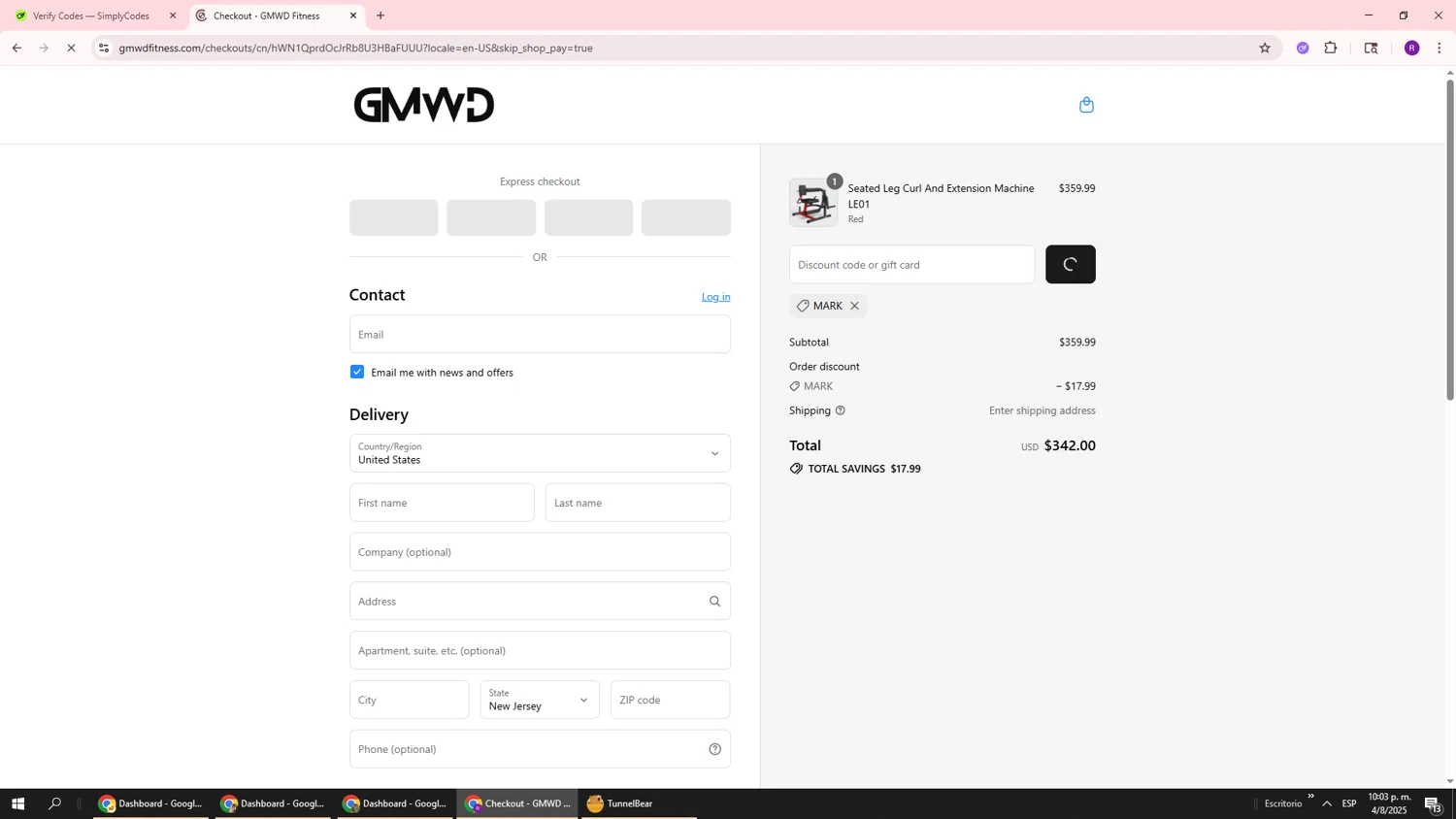GMWD Fitness discount code screenshot showing code MARK applied at GMWD Fitness checkout page. Uploaded by SimplyCodes community member ukemochi on Aug 5, 2025