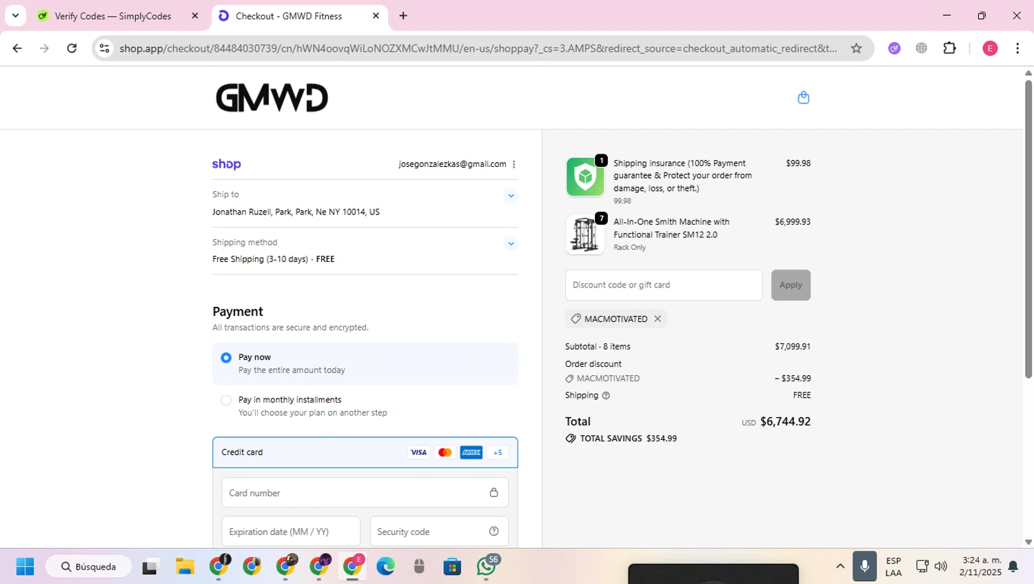 GMWD Fitness discount code screenshot showing code MACMOTIVATED applied at GMWD Fitness checkout page. Uploaded by SimplyCodes community member VoucherExpert2930 on Nov 2, 2025
