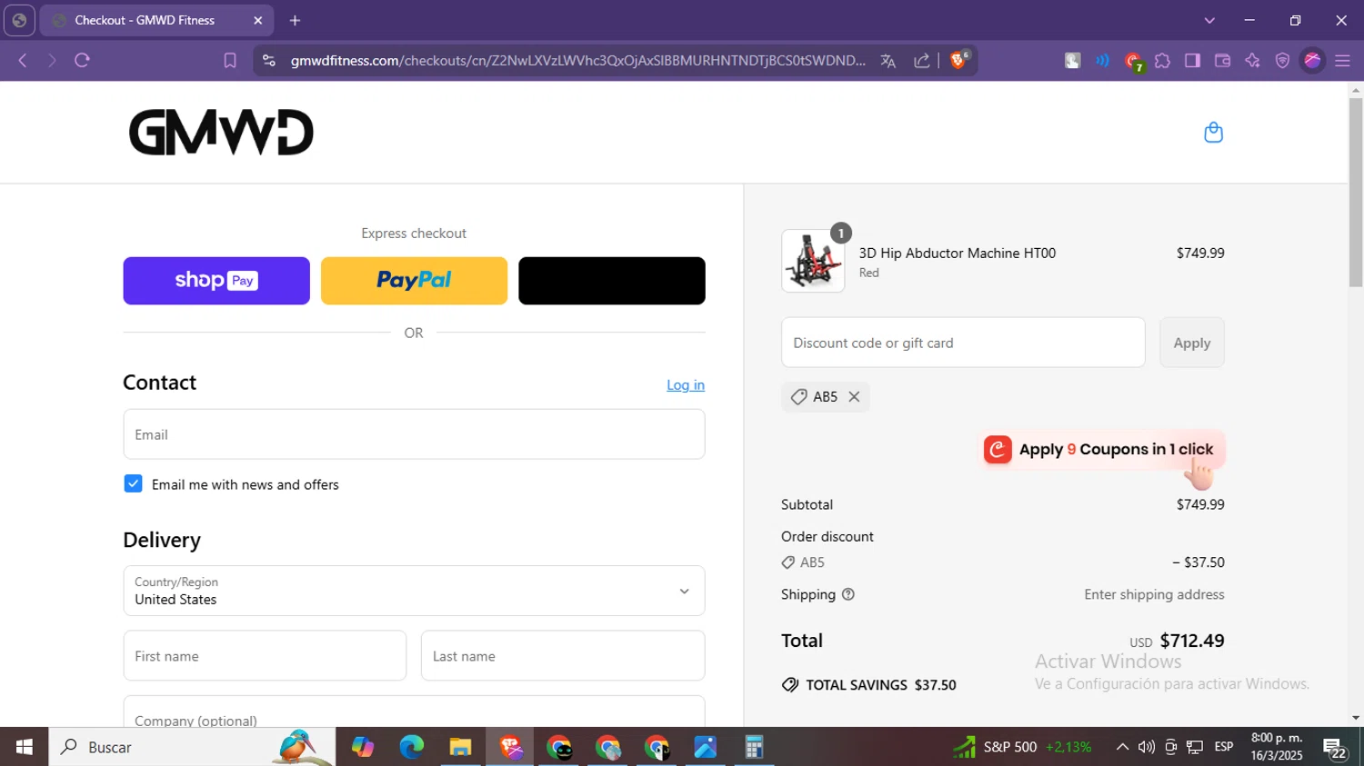 GMWD Fitness discount code screenshot showing code AB5 applied at GMWD Fitness checkout page. Uploaded by SimplyCodes community member CleverSage9163 on Mar 17, 2025
