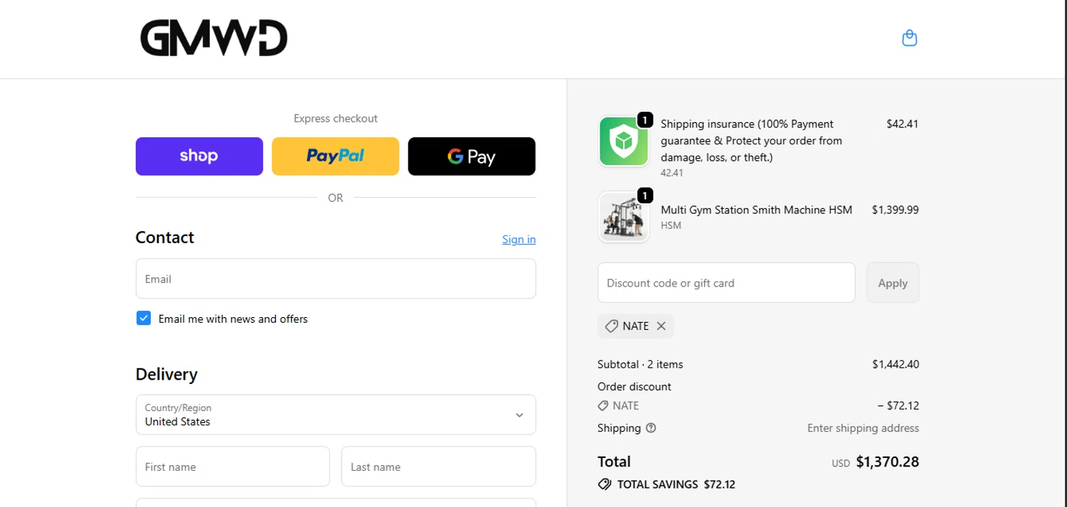 GMWD Fitness discount code screenshot showing code NATE applied at GMWD Fitness checkout page. Uploaded by SimplyCodes community member juanisaac on Nov 19, 2025