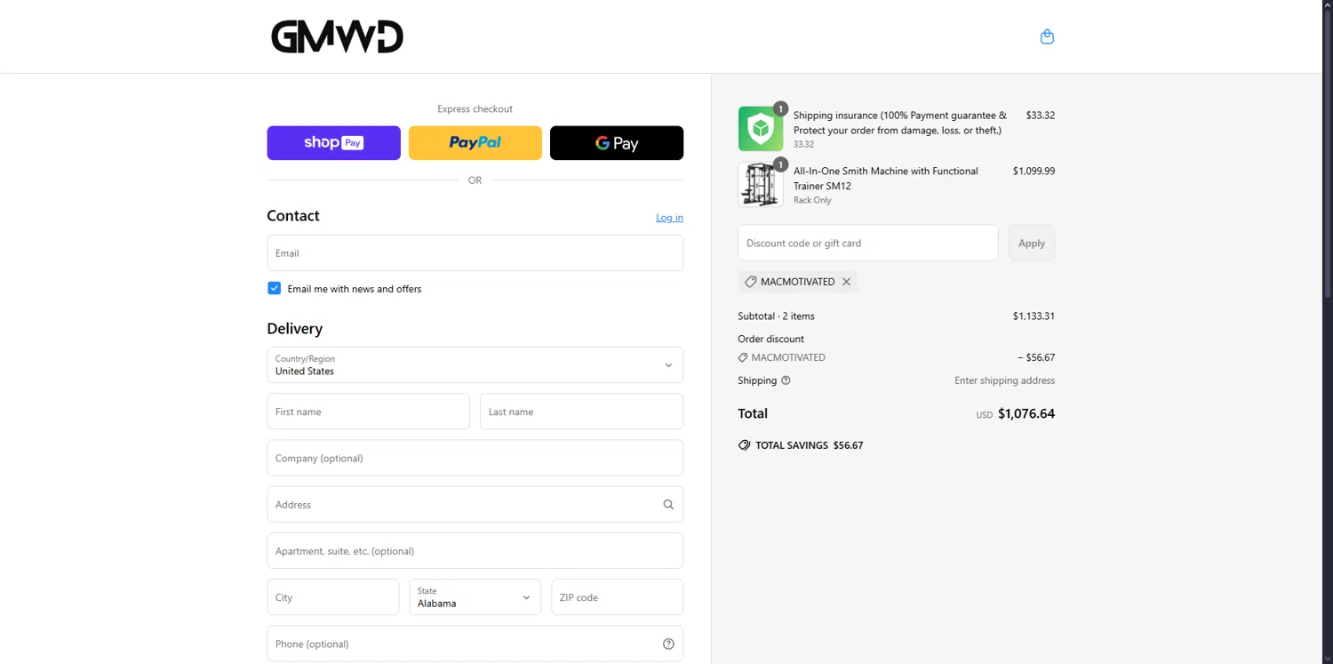 GMWD Fitness discount code screenshot showing code MACMOTIVATED applied at GMWD Fitness checkout page. Uploaded by SimplyCodes community member pabloprieto on Jun 5, 2025